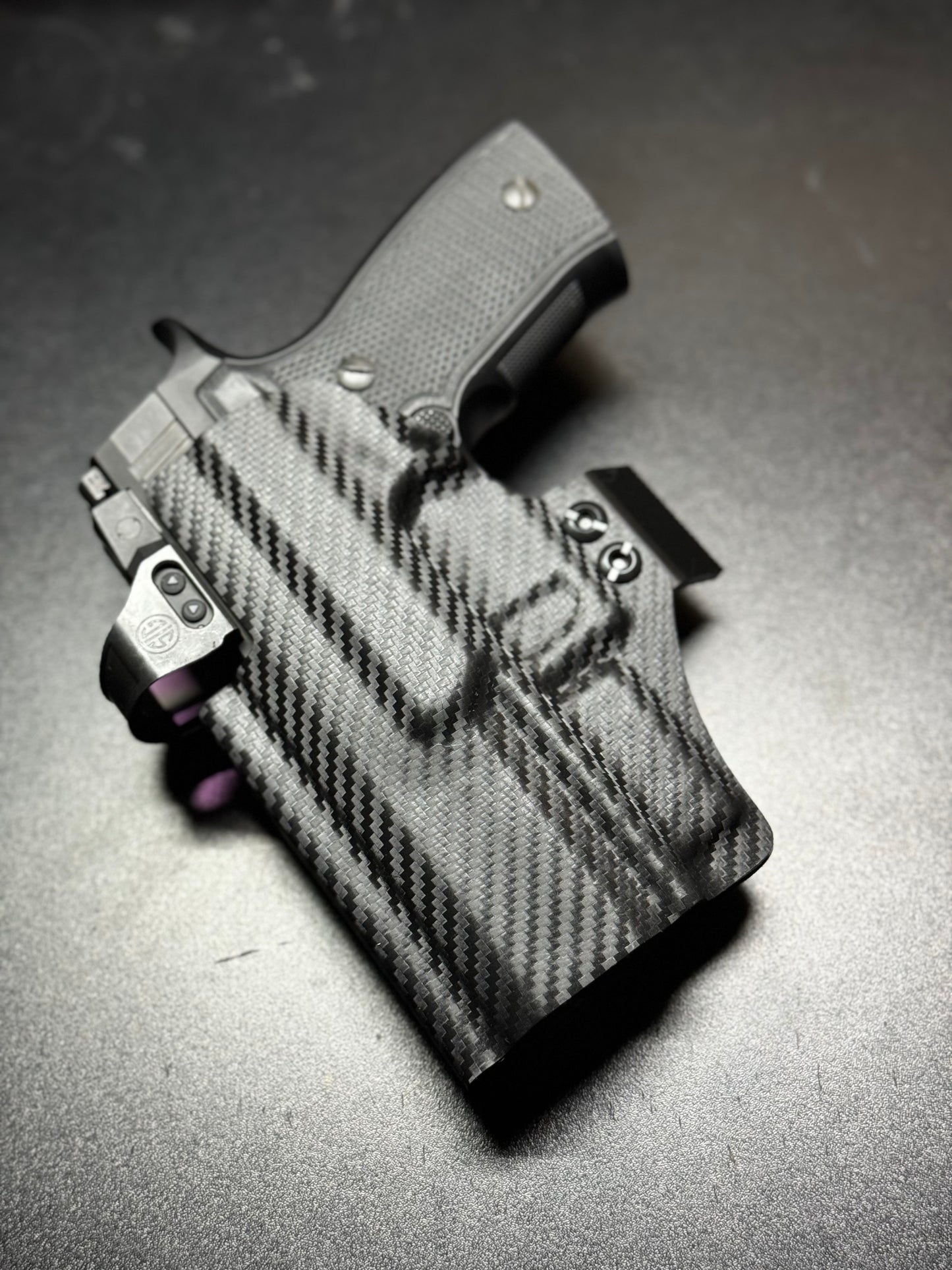 Custom-molded Kydex holster with RMR cut, compatible with popular reflex sights.